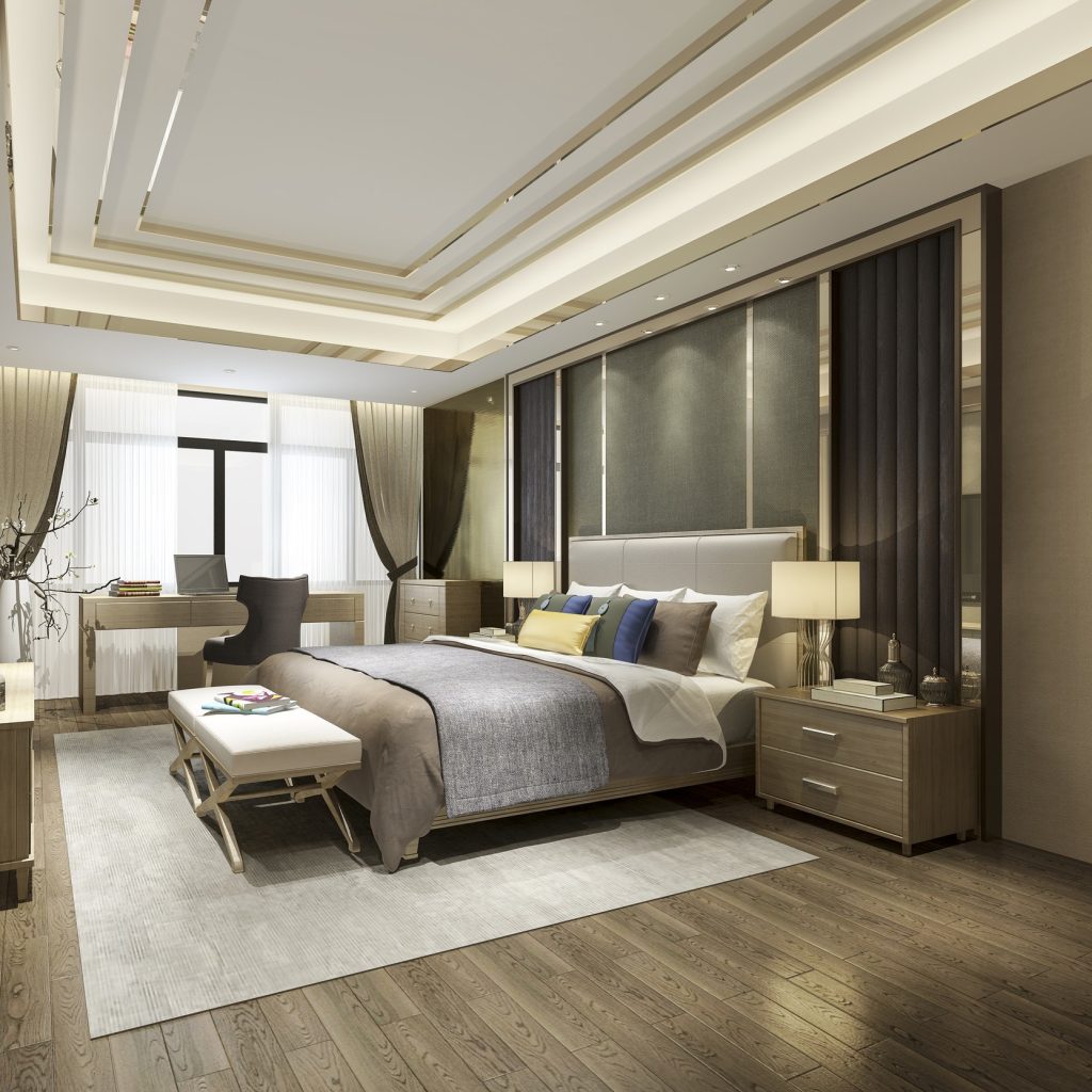 3d rendering beautiful minimal luxury asian bedroom suite in hotel with tv