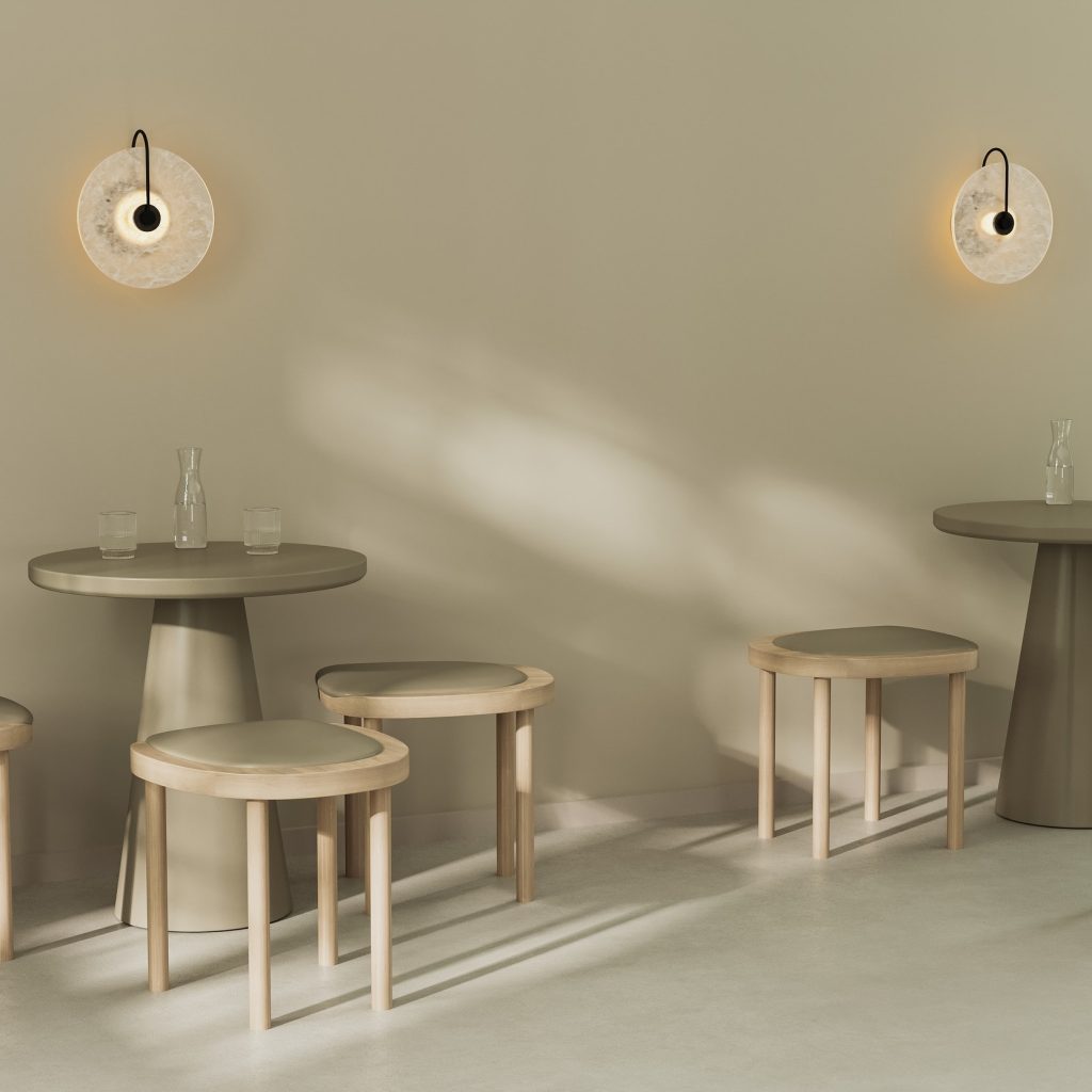 Cafe bar restaurant 3d render, empty coffee shop with tables and chairs, sunlight on wall